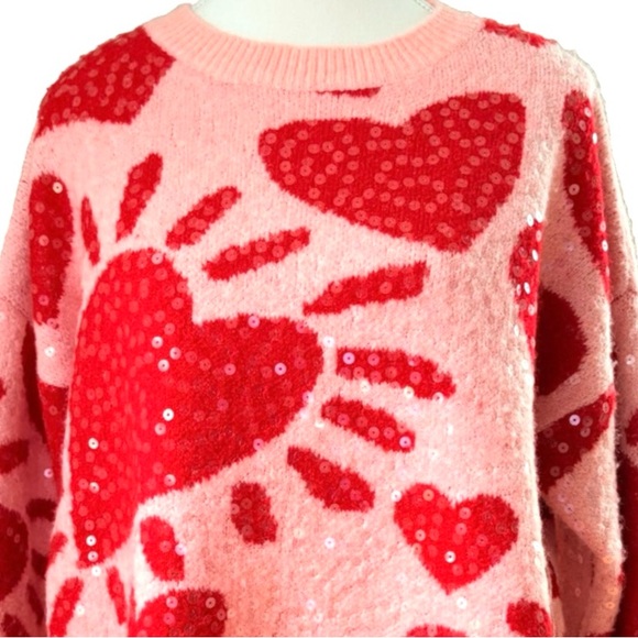 Luna Ivy size S pink w red hearts sequins long sleeve crew neck pullover sweater - Picture 4 of 16